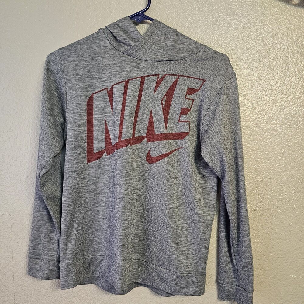 Nike Dri-FIT Hoodie Youth Large Gray Red Logo Pullover Long Sleeve Athletic M508